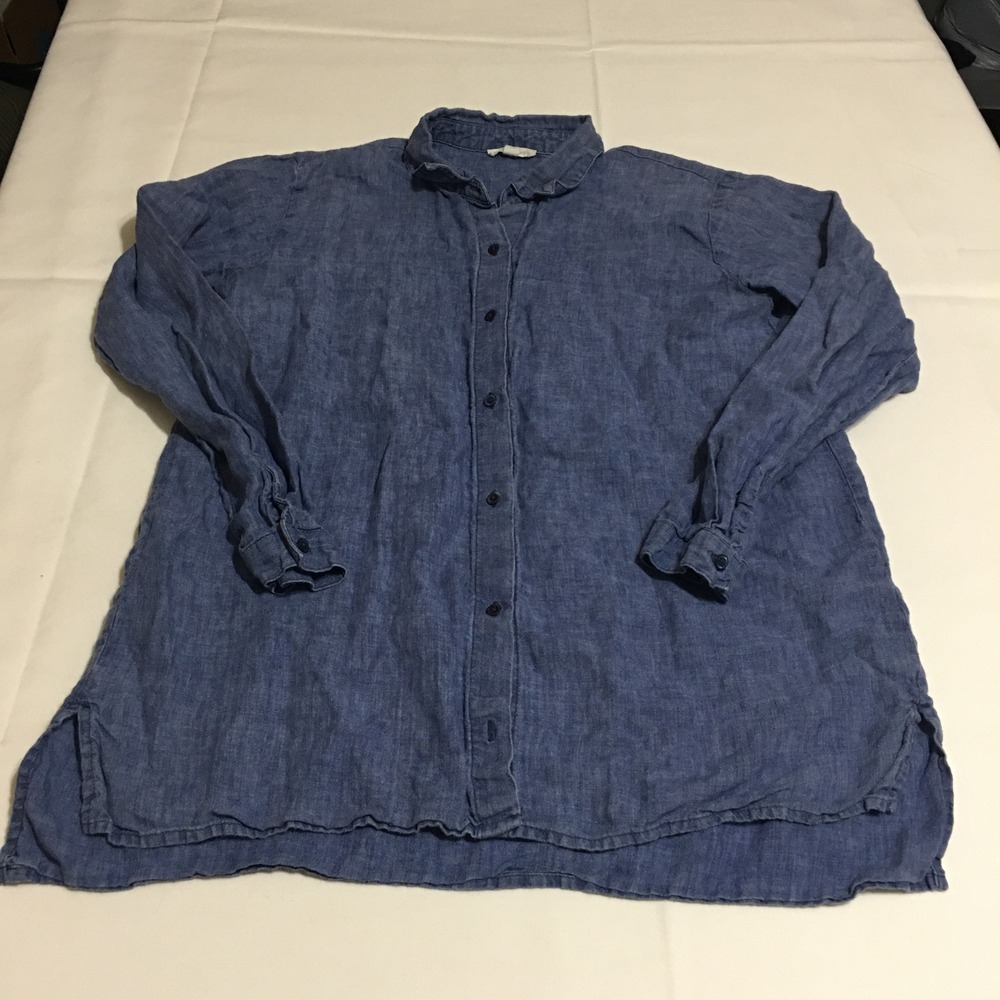 Eileen Fisher Long Sleeve Button Down Shirt Womens XS Blue Linen Tunic Top
